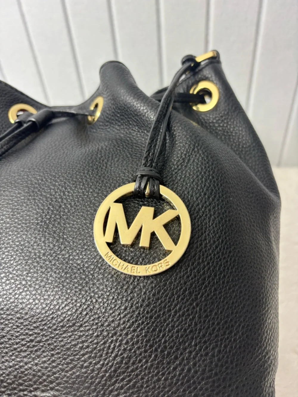 Michael Kors  Black‎ Pebbled Leather Drawstring Hobo with Gold Hardware